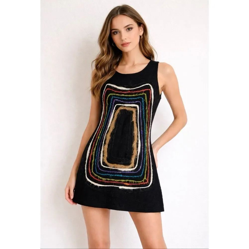 Louise Della Wool Dress Made In France Colorful Artisan Trim Design Sz 4EU/S US